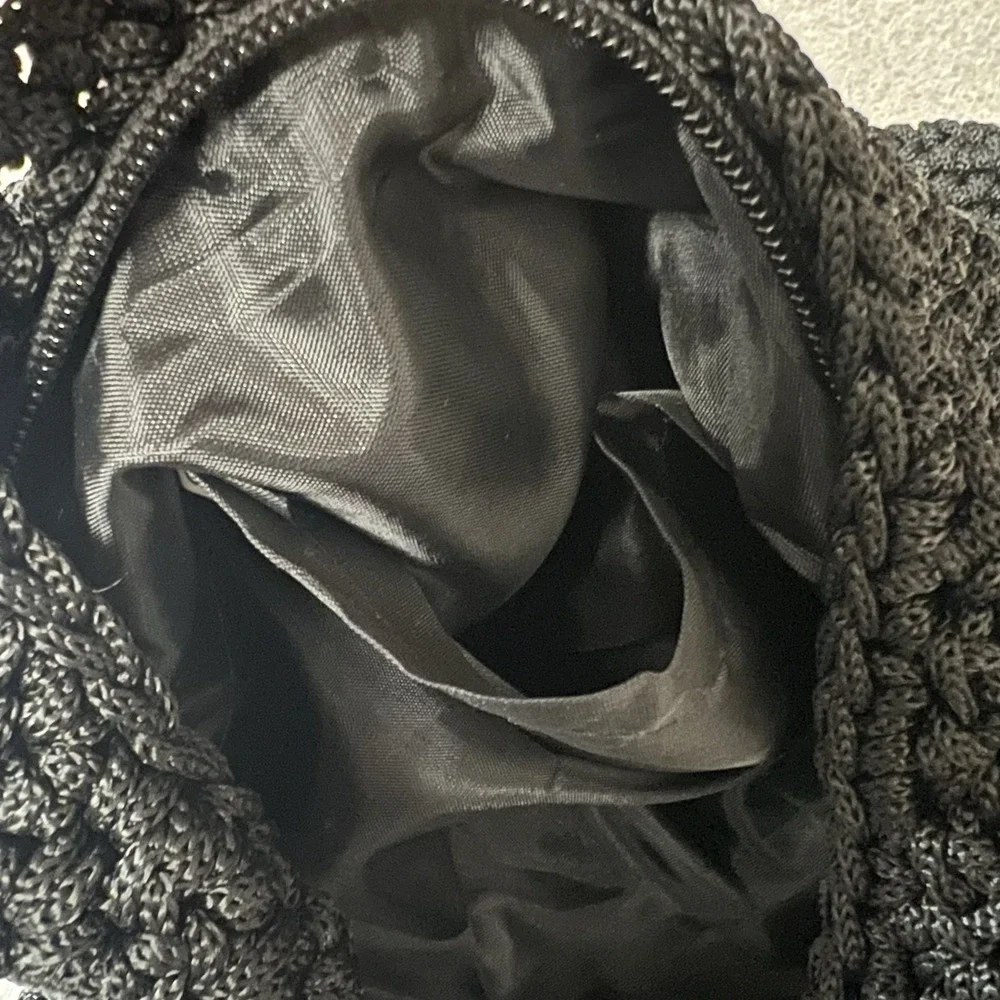 Black Crochet Knit Hobo Sack Beaded Handbag Flower Purse Zip‎ And Inside Pocket